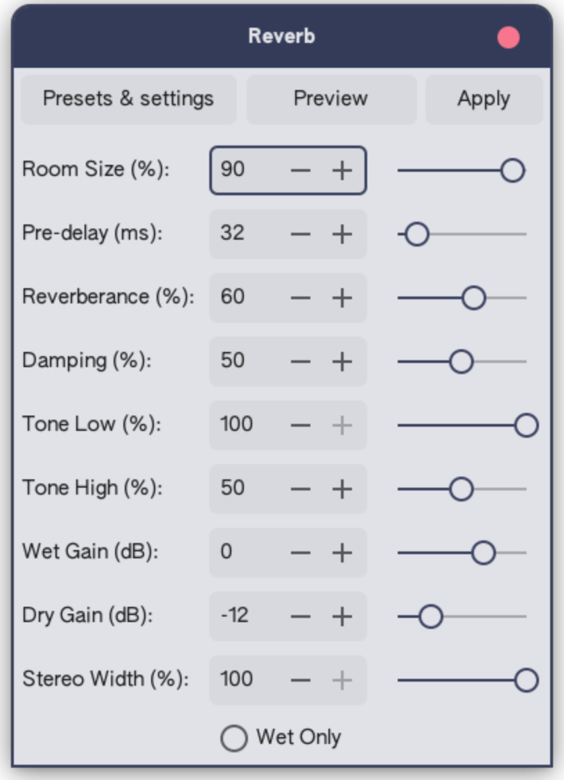 Screenshot of Audacity showing the Reverb effect screen.