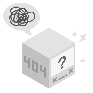 A vector illustration of a isometric cube, with a 404 on its right side, and a screen showing a question mark. The cube's eyes are marked with X's, and has sparks coming out of it. A speech bubble is coming out of its head, with scribbled frustration marks.